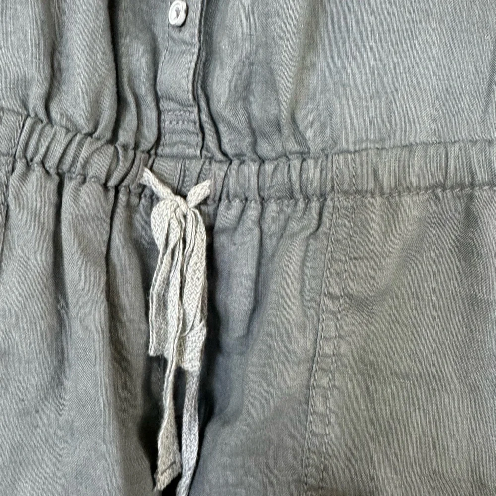 Lou & Grey Dusty Blue Gray Romper Tie Neck Button Up 100% linen Drawstring Sz S